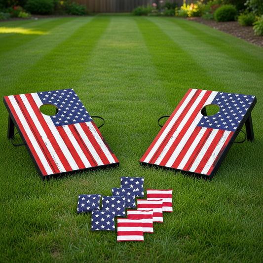 Patriotic Cornhole Set - Flag Design with 8 Bags and Handle