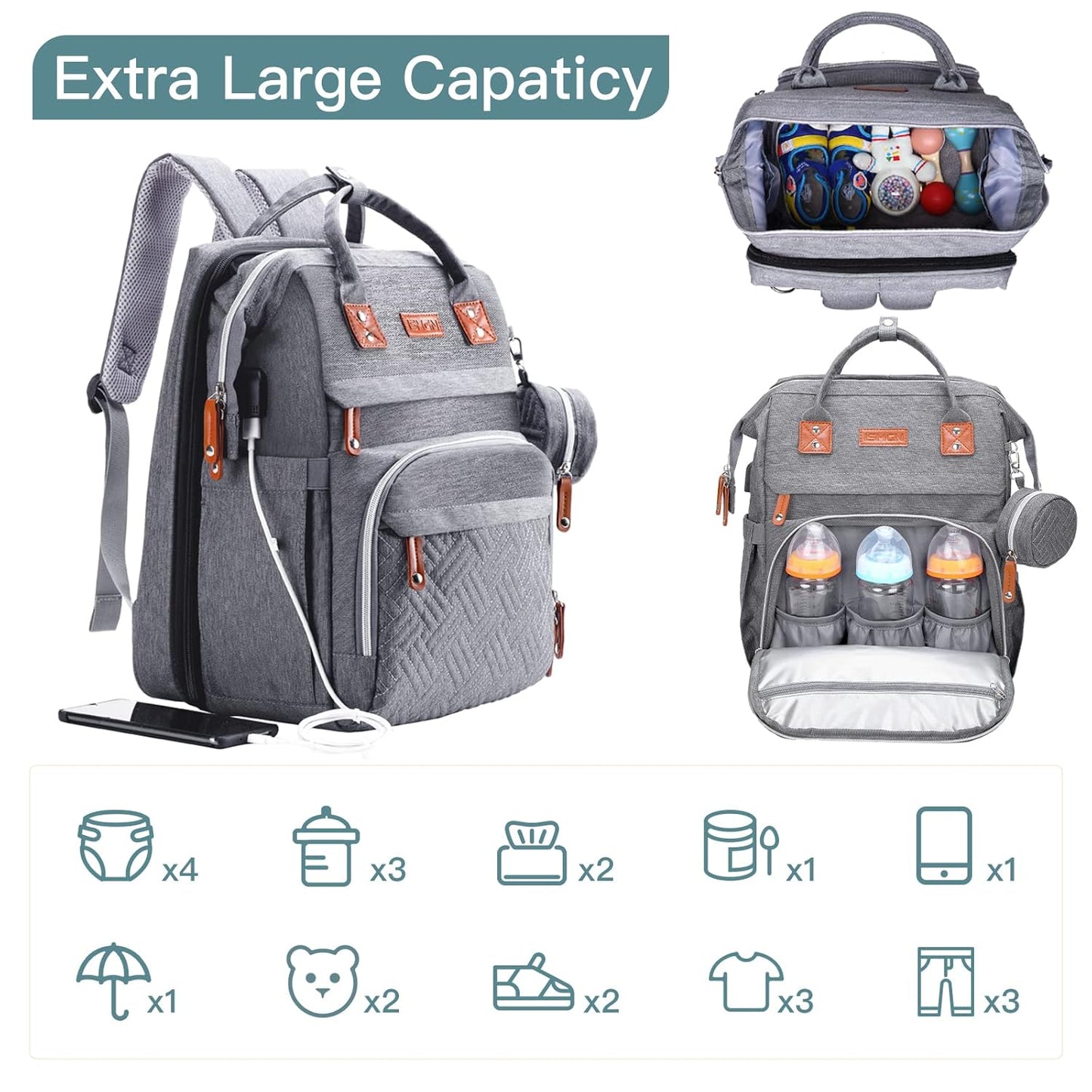 Versatile Grey Diaper Bag Backpack with Changing Station