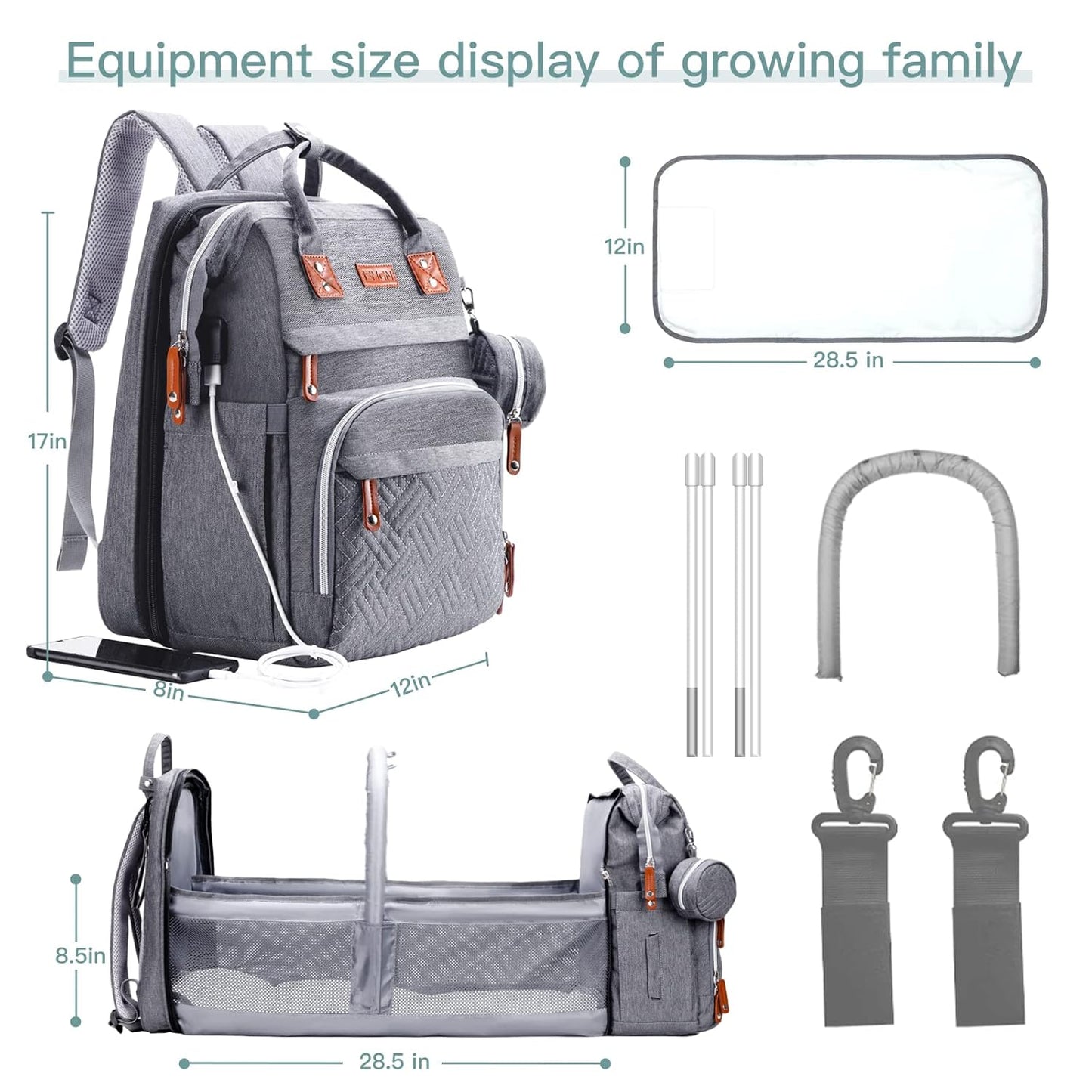 Versatile Grey Diaper Bag Backpack with Changing Station