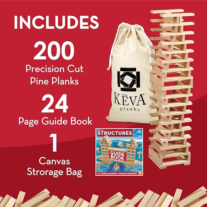 Play Planks 200 Piece Set - Wooden Building Blocks with Guide