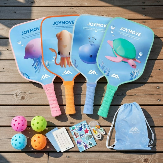 Junior Pickleball Paddle Set - 4 Lightweight Fiberglass Rackets & Balls