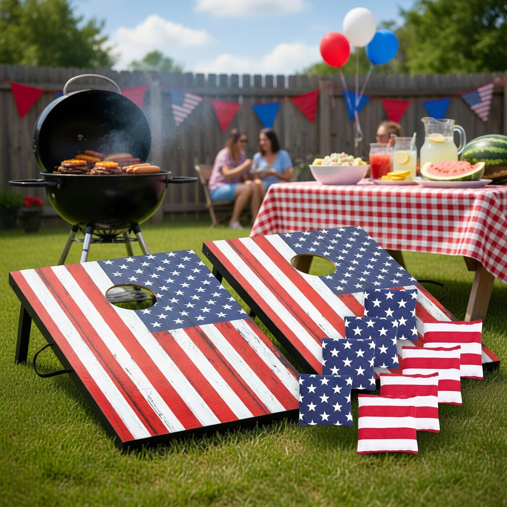Patriotic Cornhole Set - Flag Design with 8 Bags and Handle