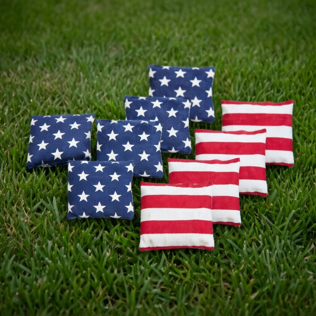 Patriotic Cornhole Set - Flag Design with 8 Bags and Handle