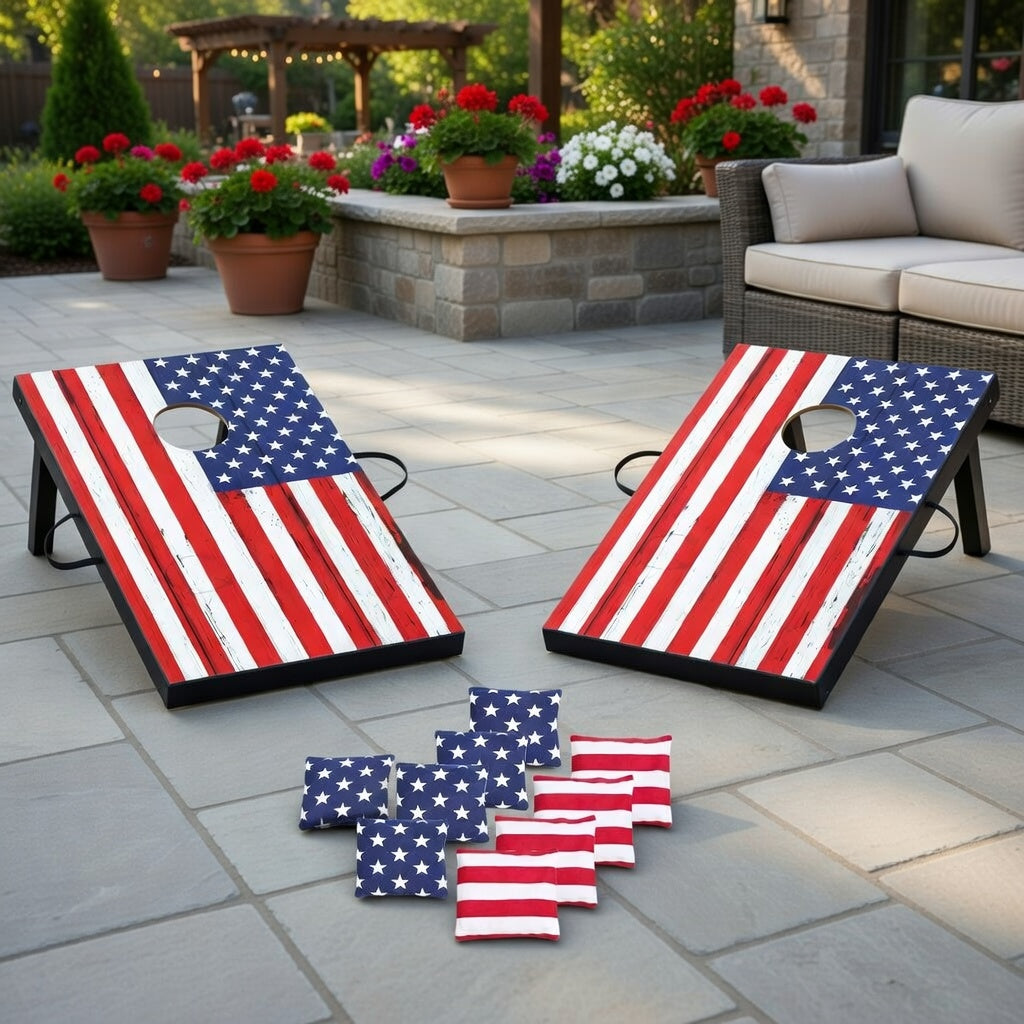 Patriotic Cornhole Set - Flag Design with 8 Bags and Handle