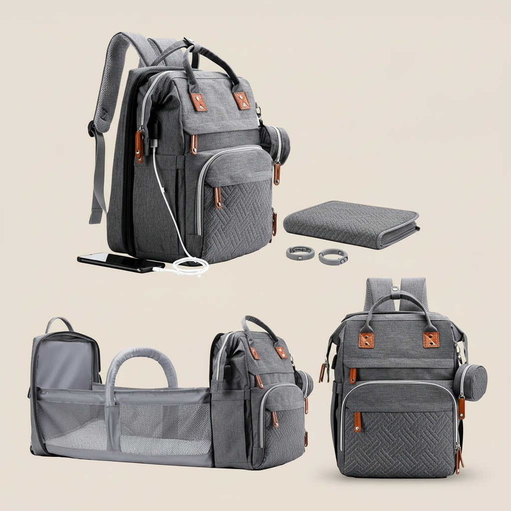 Versatile Grey Diaper Bag Backpack with Changing Station